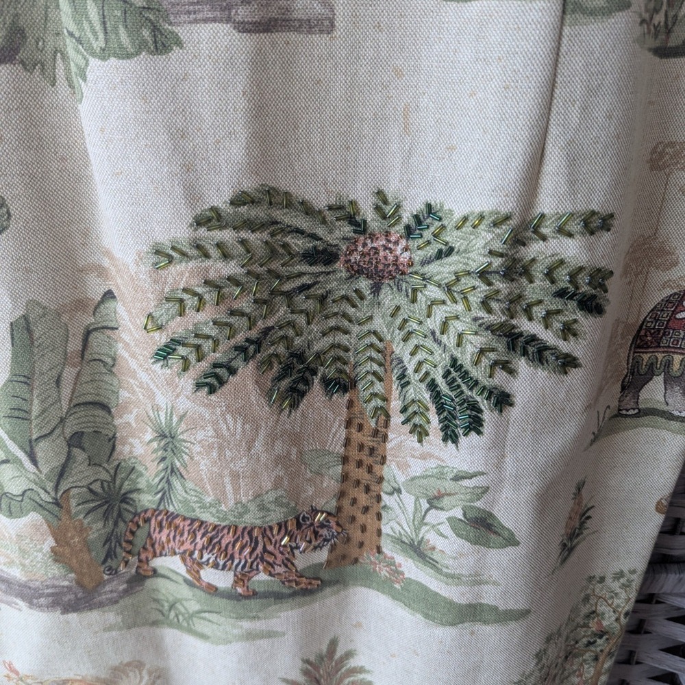 Vtg Safari Print Beaded Midi Sheath‎ Dress Linen Blend Beige 10 Statement Resort - Picture 5 of 8